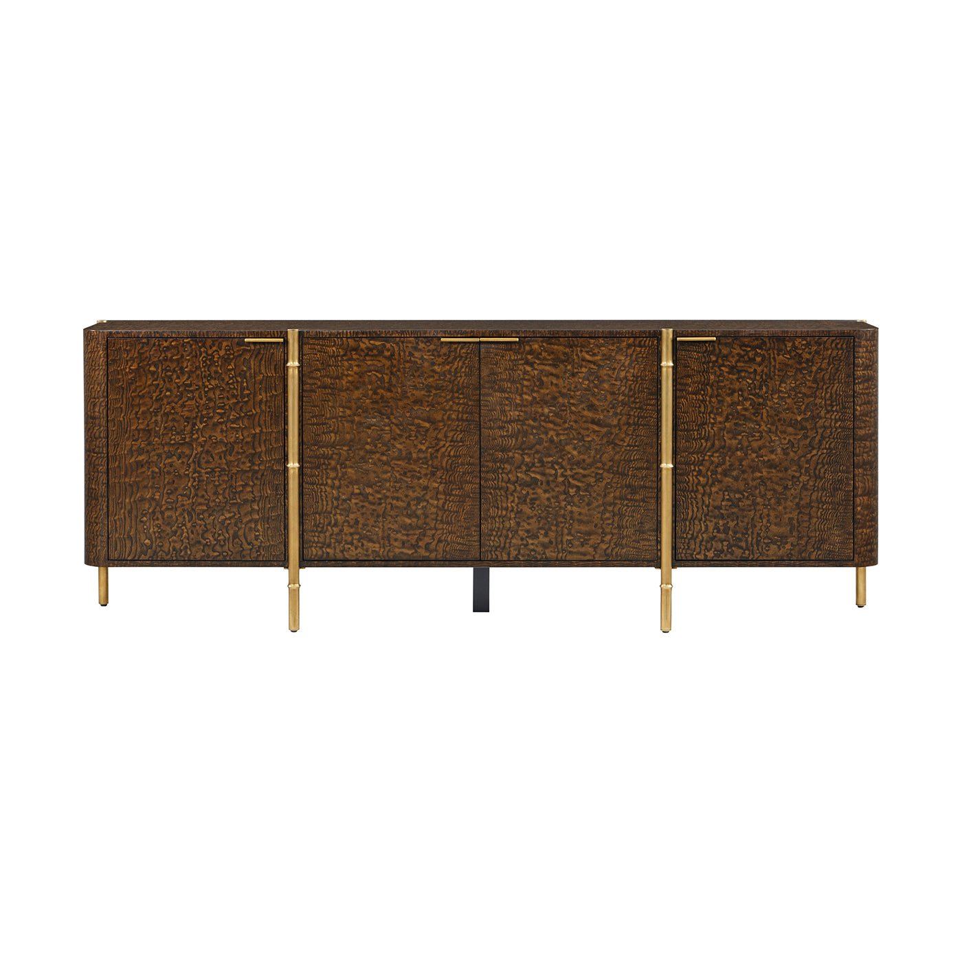 Straight front view of mid-century burl wood sideboard.