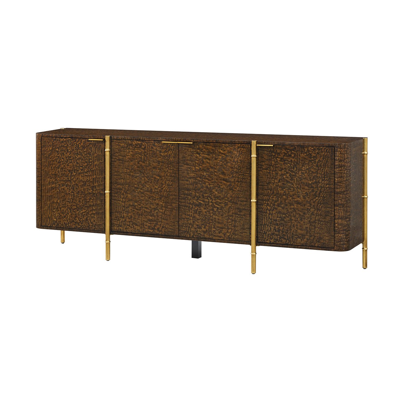 Mid-century burl wood sideboard, angled view.