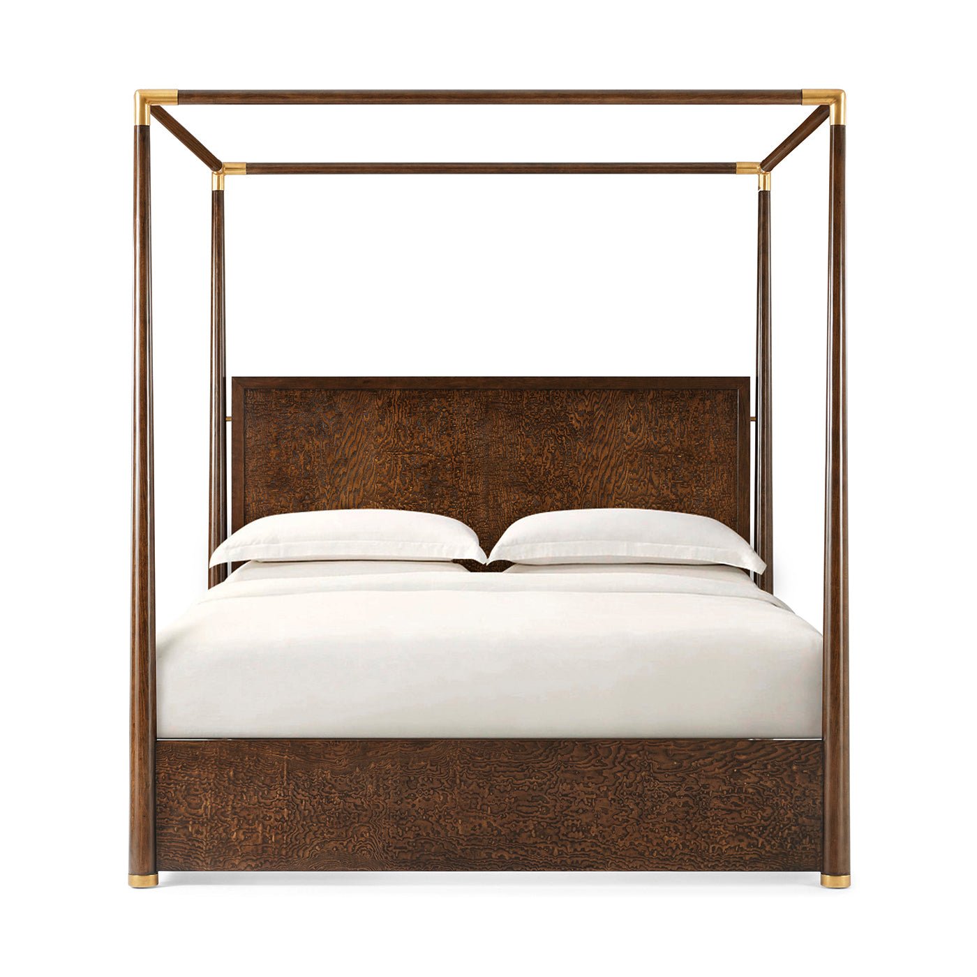 Mid century canopy bed front view with bedding.