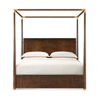 Mid century canopy bed front view with bedding.