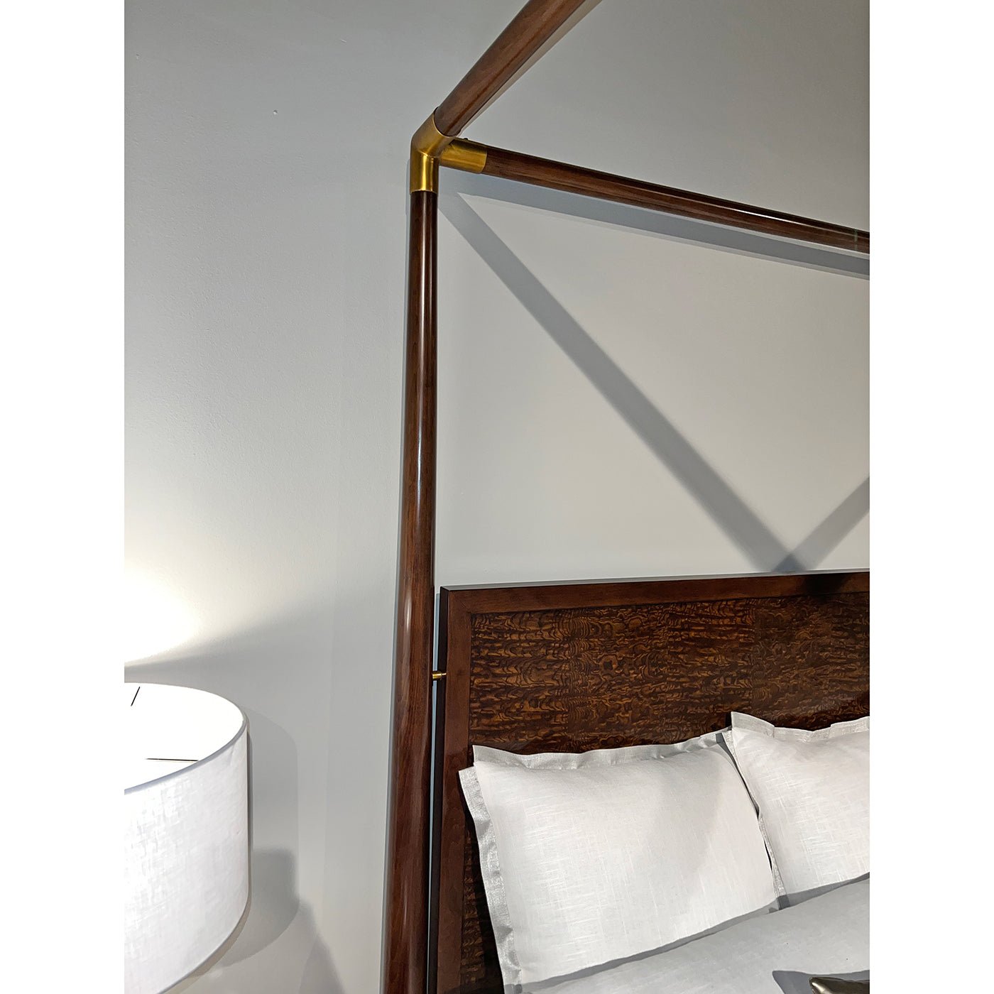 Mid century canopy bed corner post and lamp detail.