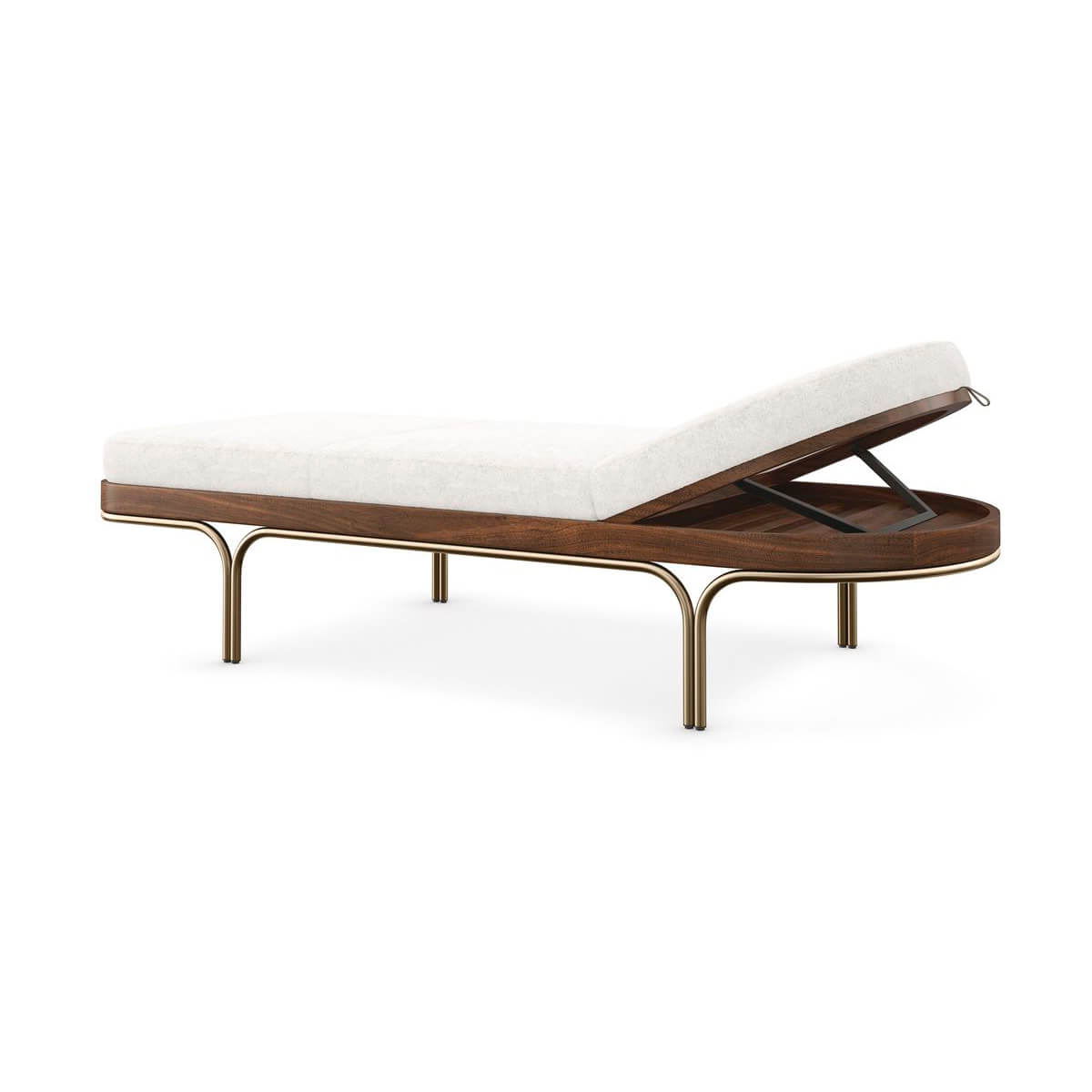 Adjustable chaise lounge, side view with open storage.