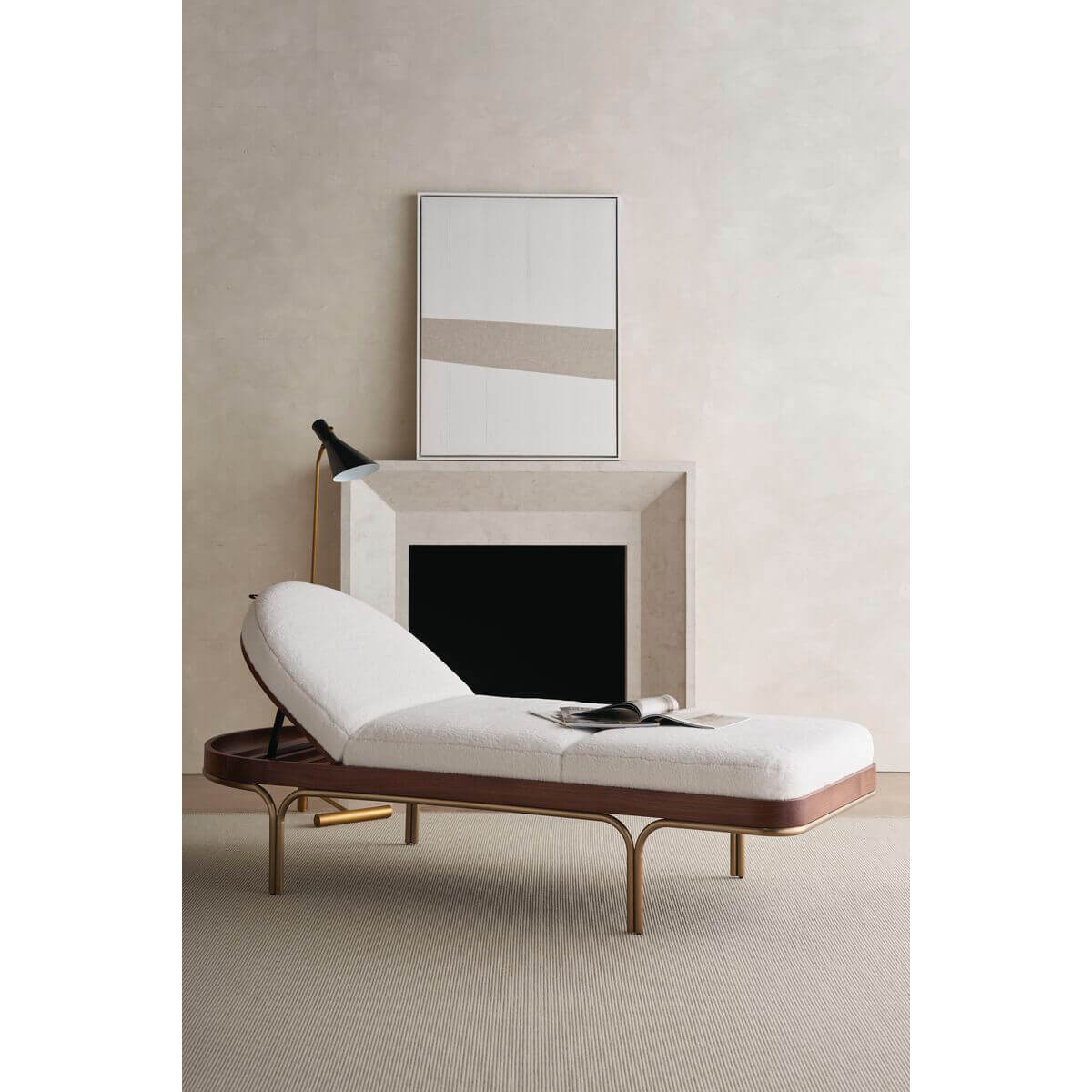 Modern chaise lounge, fully upright cushion in minimal space.
