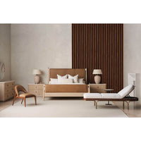 Bedroom setup, mid-century chaise lounge with bedroom furniture.