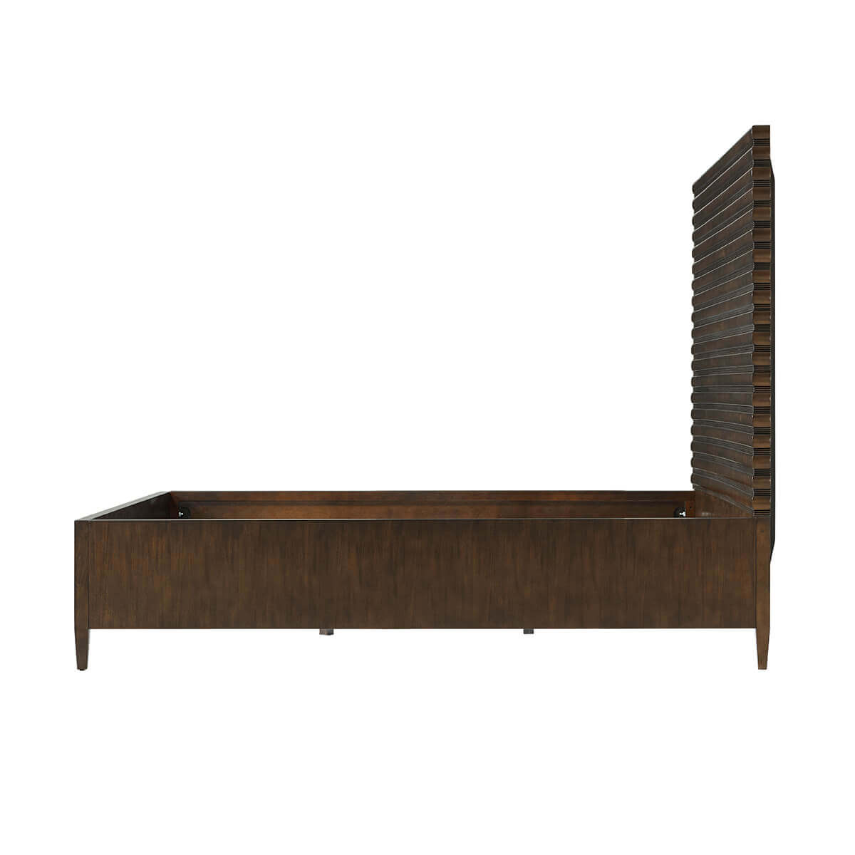 Mid-century channeled bed, profile view without mattress.