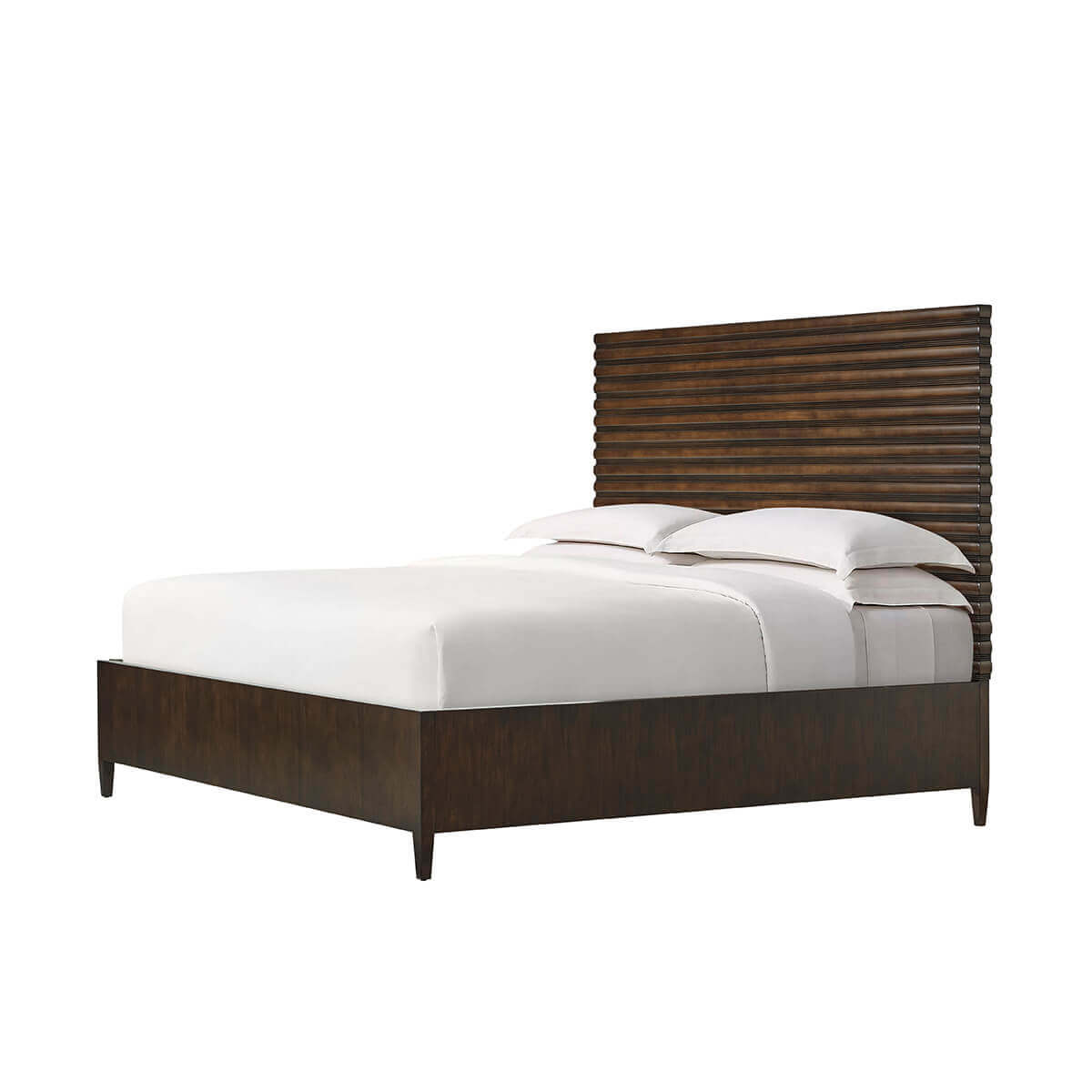 Mid-century channeled bed, perspective view with bedding.