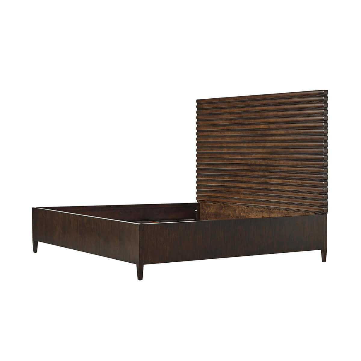 Mid-century channeled bed, side view without mattress.