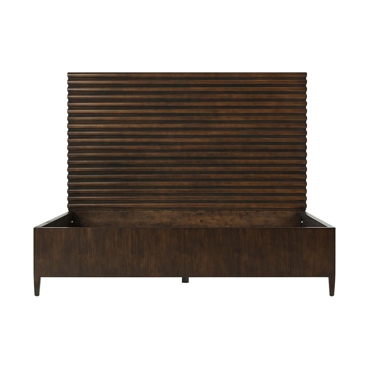 Mid-century channeled bed, back view without mattress.