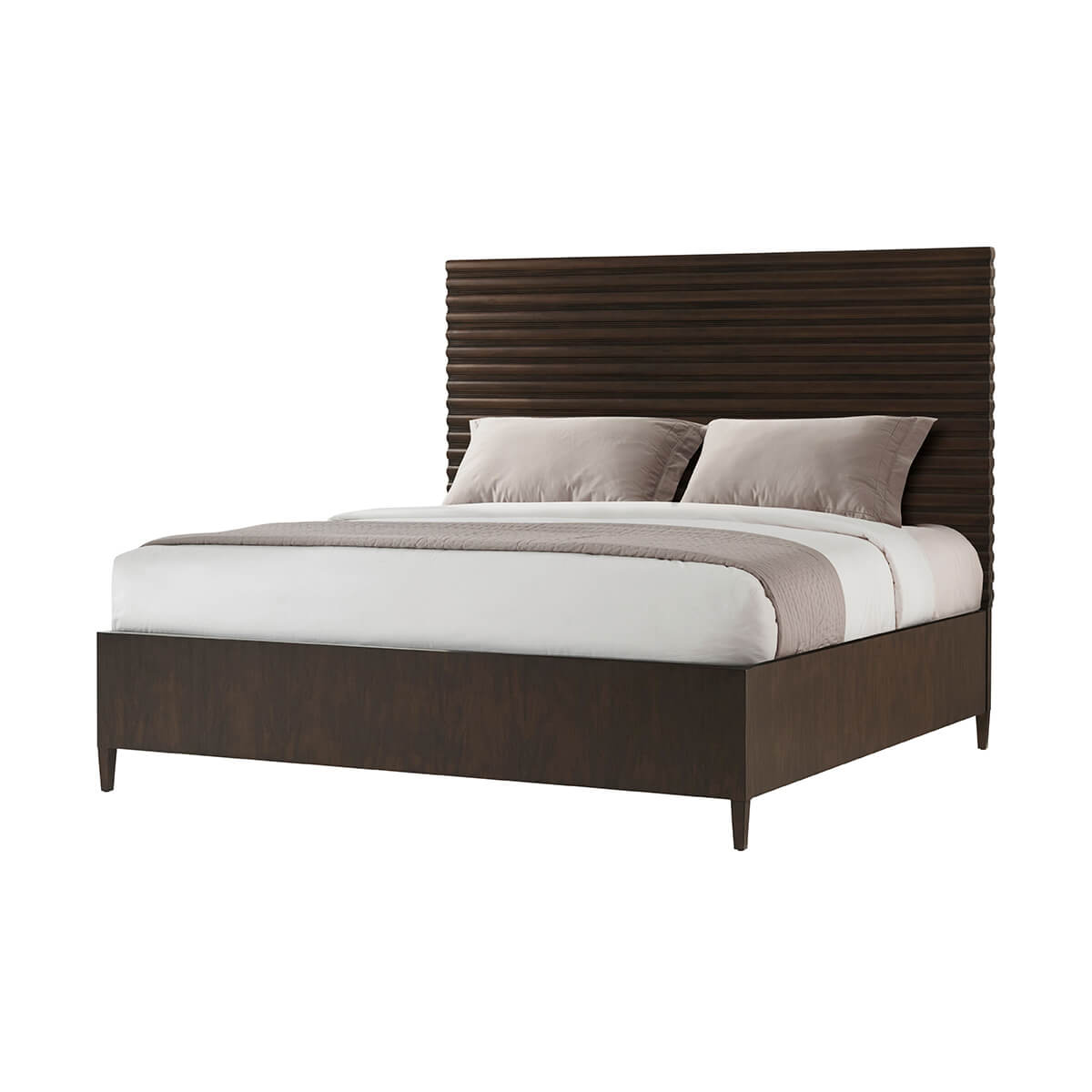 Mid-century channeled bed, angled view with bedding.