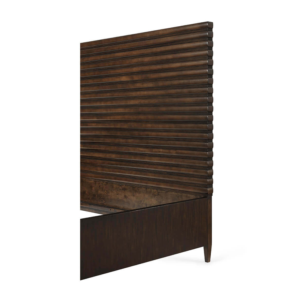 Mid-century channeled bed, close-up of headboard details.