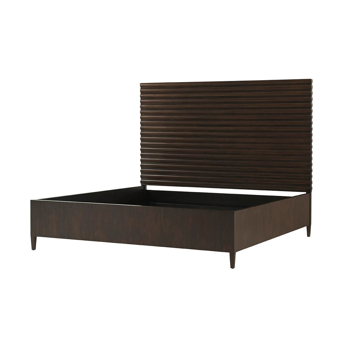 Mid-century channeled bed, angled view without mattress.