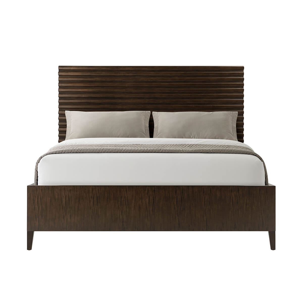 Mid-century channeled bed, front view with bedding.