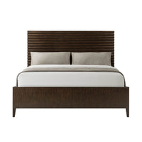 Mid-century channeled bed, front view with bedding.