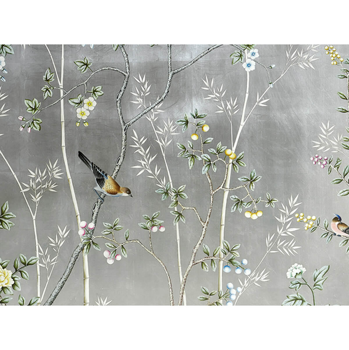 Close-up of Chinoiserie design with birds on king bed.