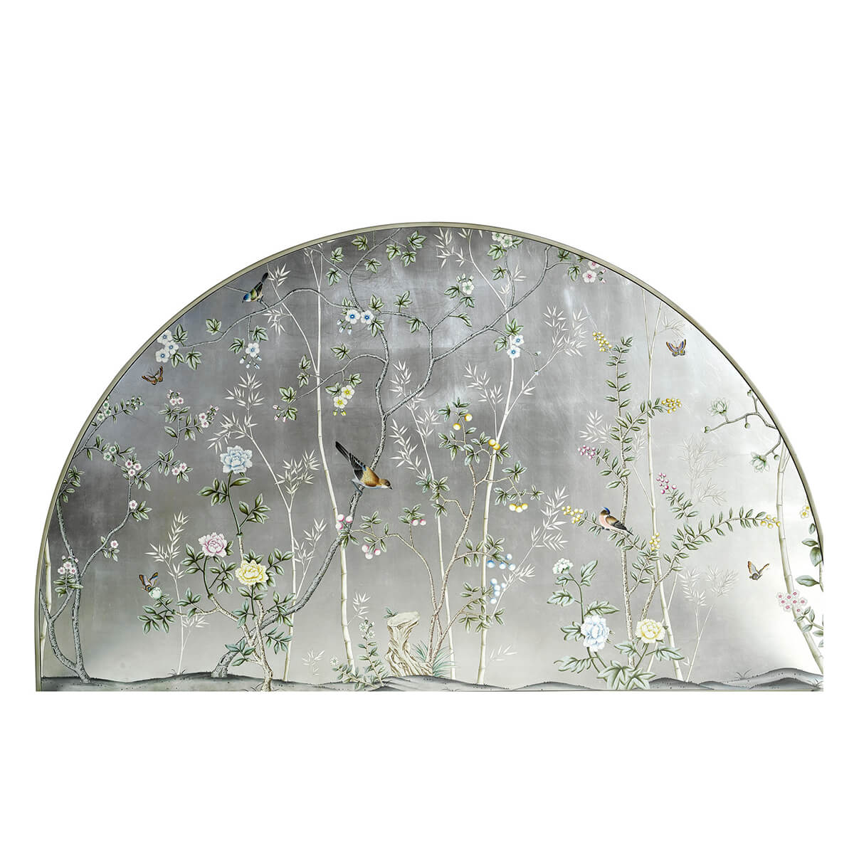 Close-up of Chinoiserie headboard with birds and branches.
