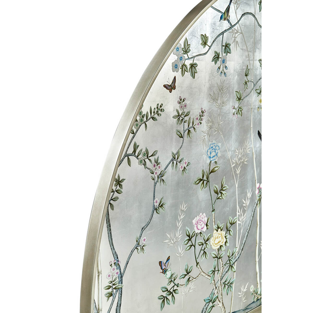 Detailed side view of Chinoiserie headboard's edge.