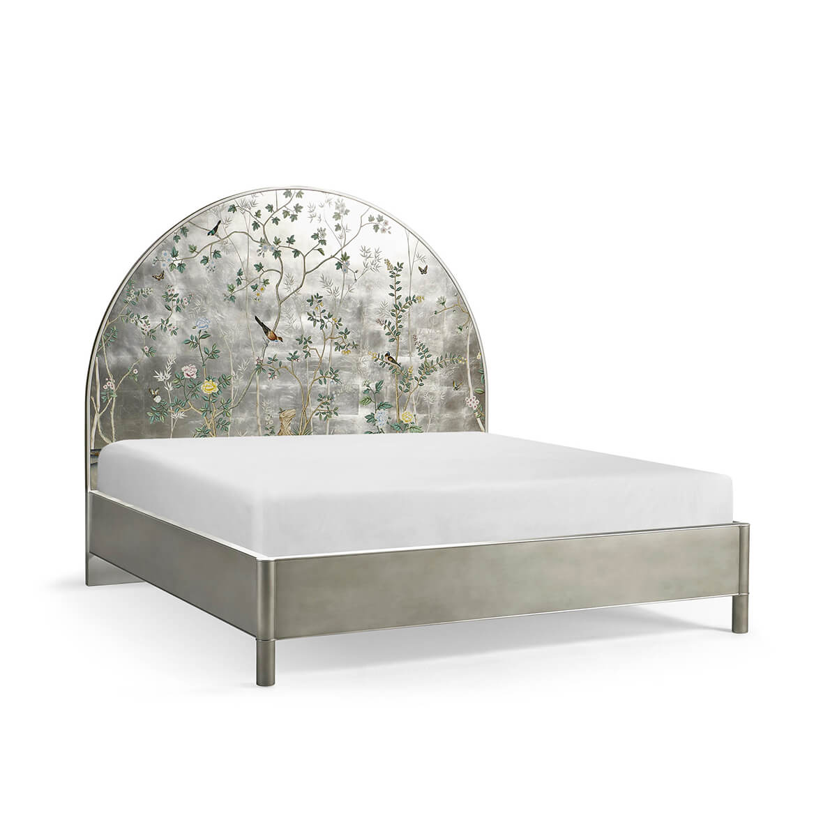 Mid-century king bed with detailed artistic headboard.