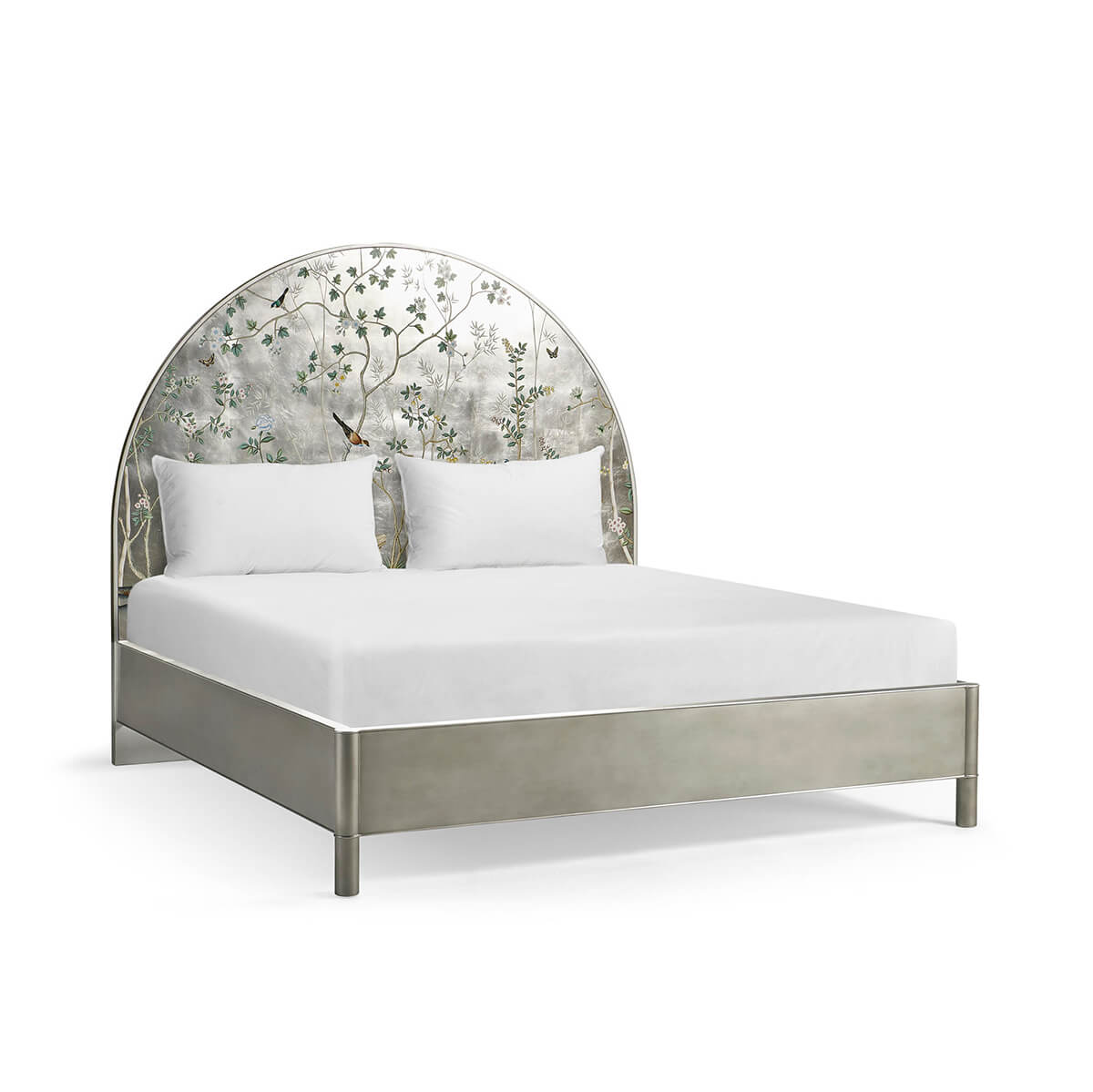 King bed with floral Chinoiserie headboard, side view.