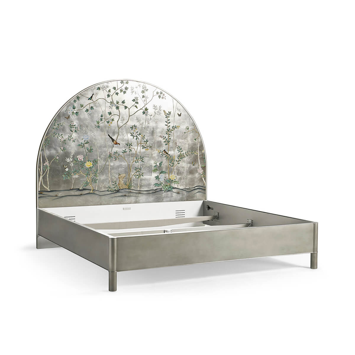 Metal frame of Chinoiserie king bed without mattress.
