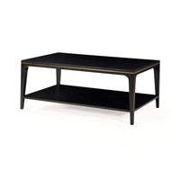 Black mid-century coffee table, gold trim view.