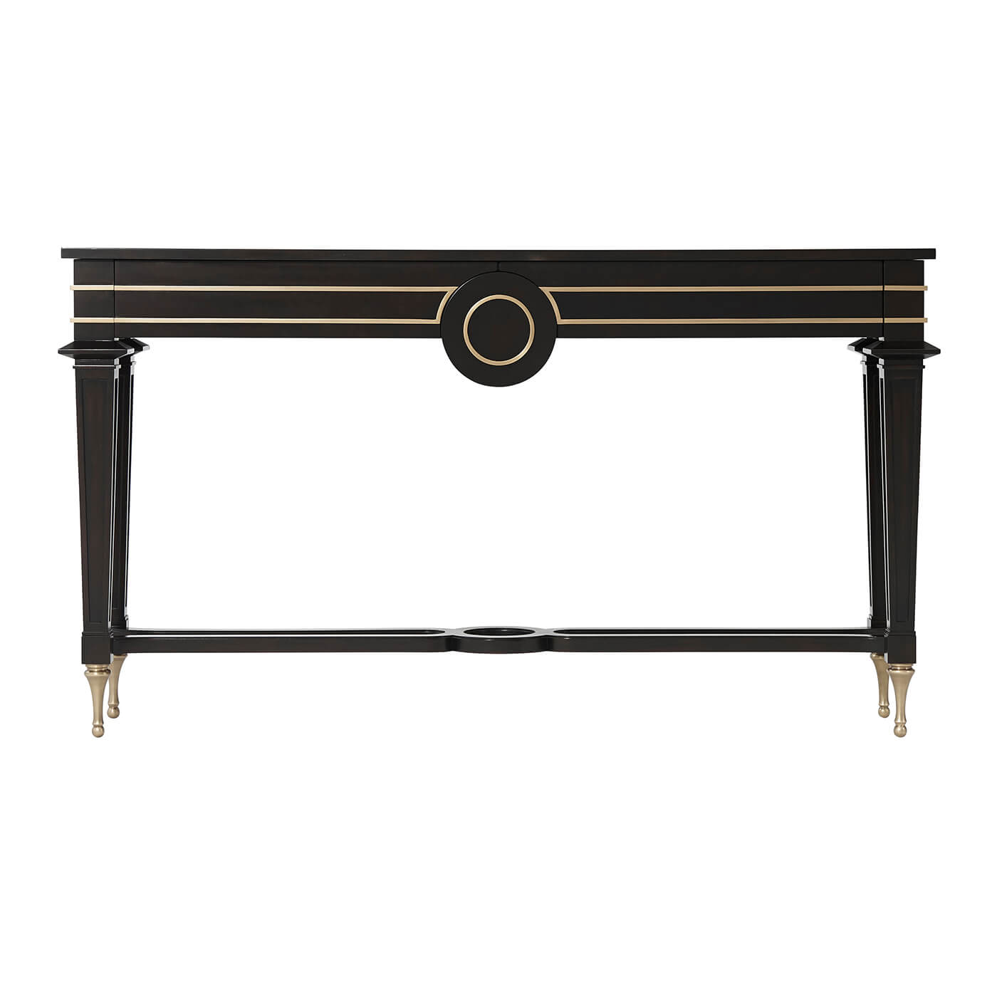 Front view of black mid century console table.