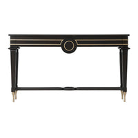 Front view of black mid century console table.