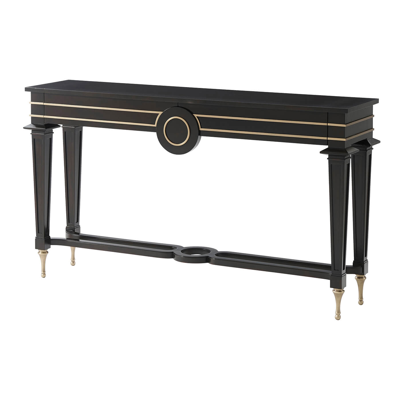 Oblique view of black mid century console table.