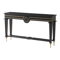 Oblique view of black mid century console table.