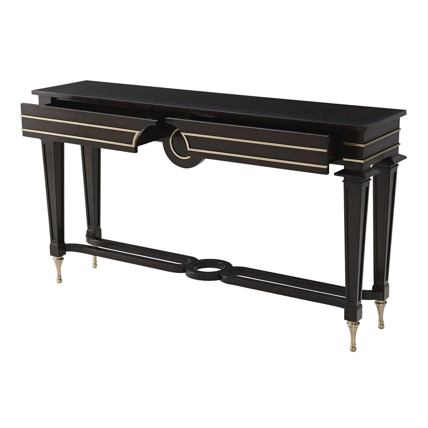 Mid century console table with open drawer.