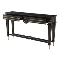 Mid century console table with open drawer.