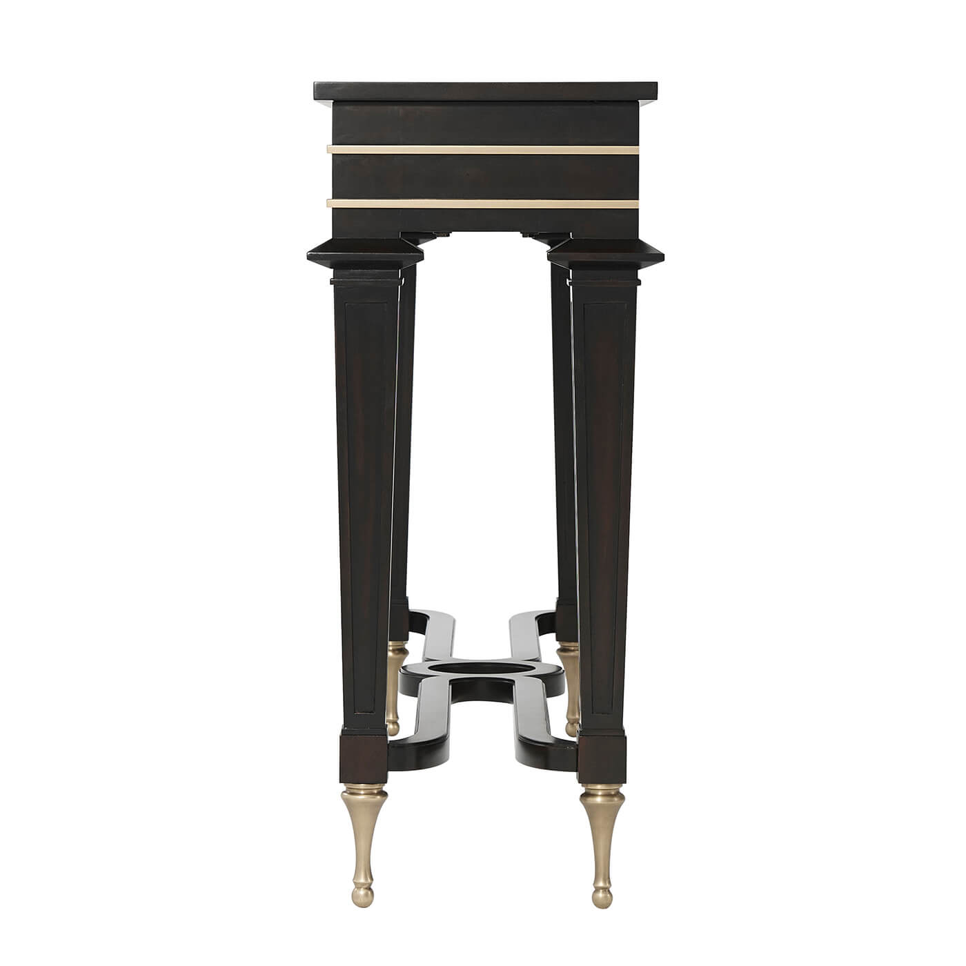 Side view of black mid century console table.