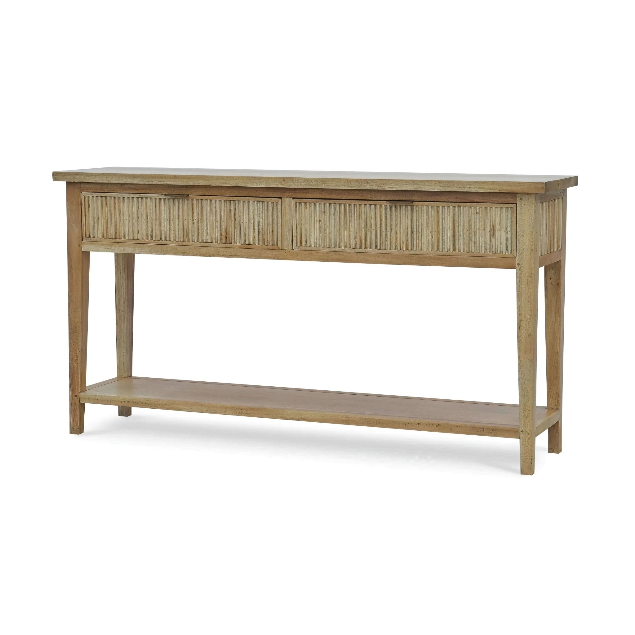 Mid Century console table with fruitwood finish, side view.