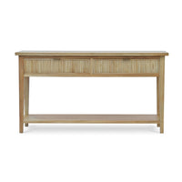 Mid Century console table, fruitwood finish, front view.