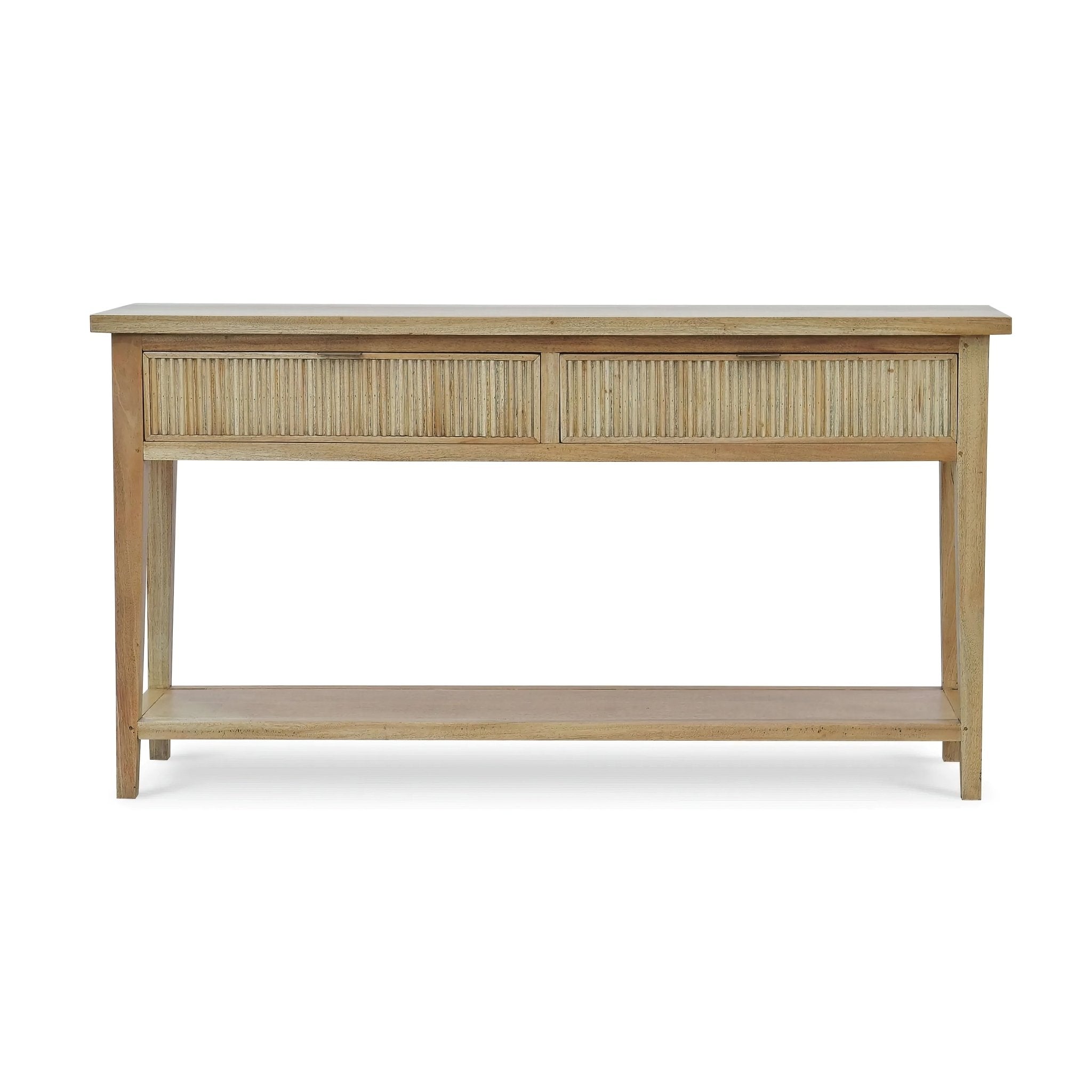 Mid Century console table, fruitwood finish, front view.