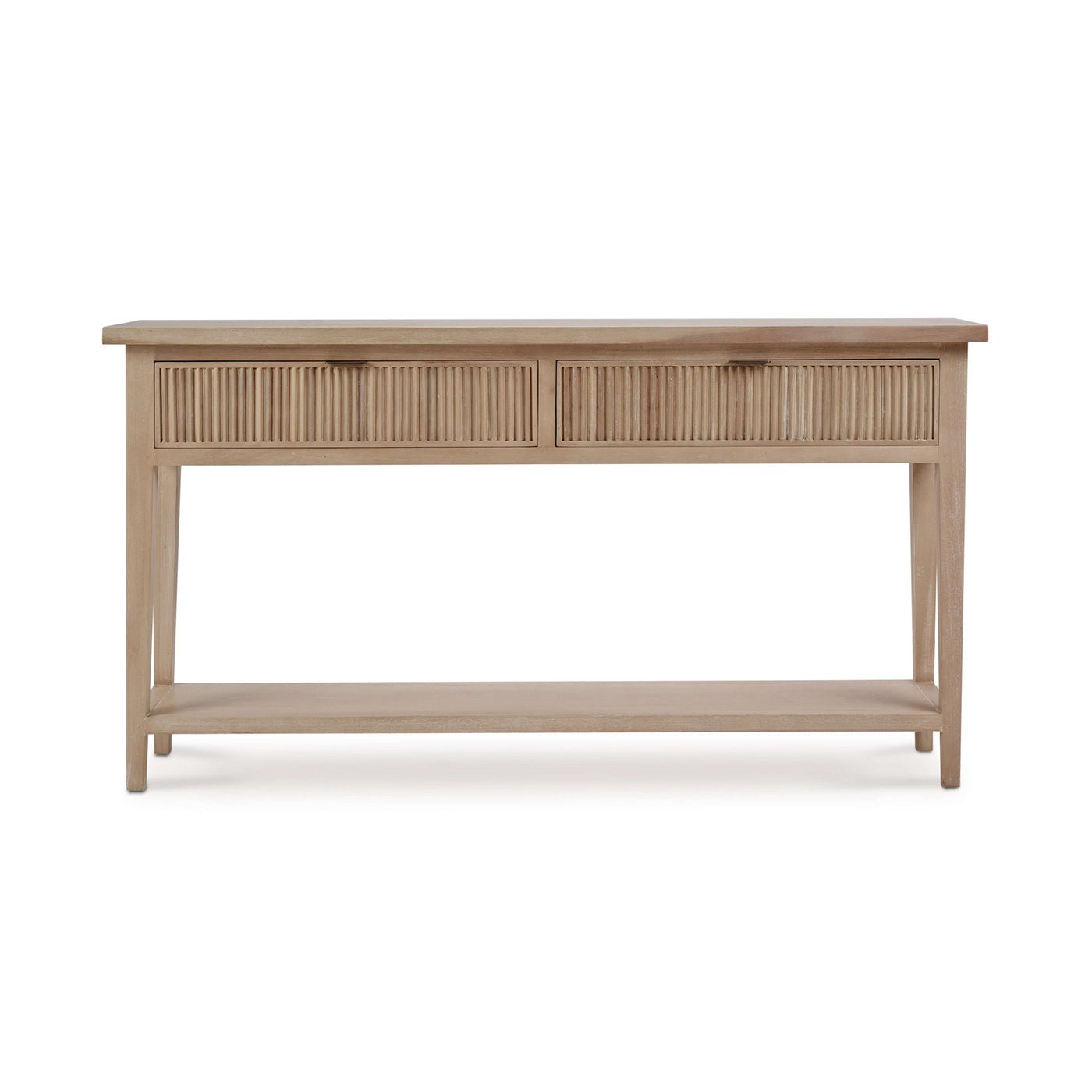 Front view of console table with grooved drawer design.
