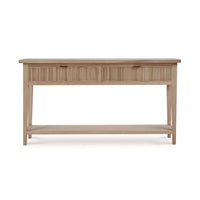 Front view of console table with grooved drawer design.