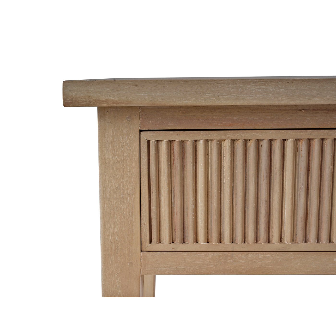 Close-up of console table drawer groove details.