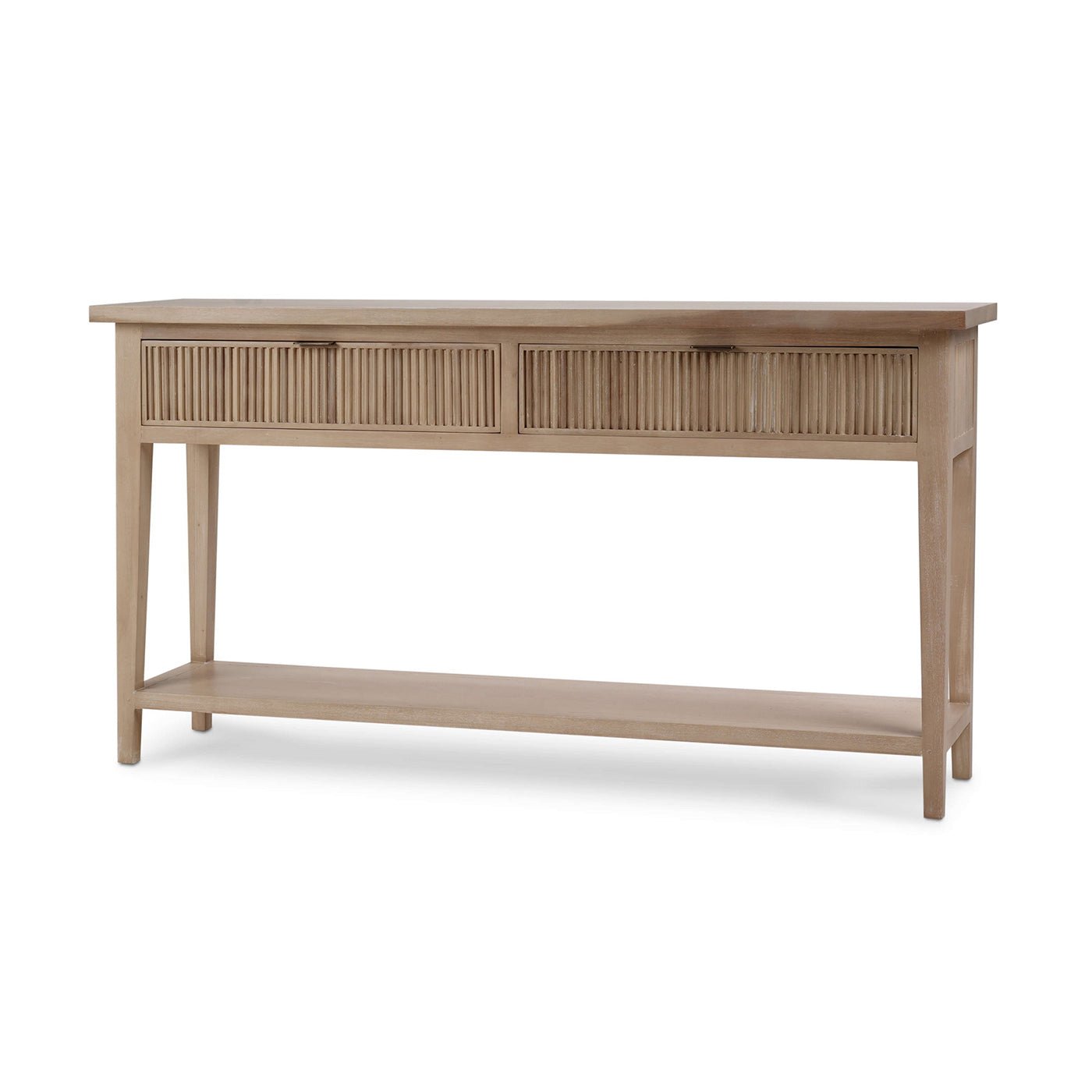 Side view of natural console table with two drawers.