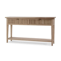 Side view of natural console table with two drawers.