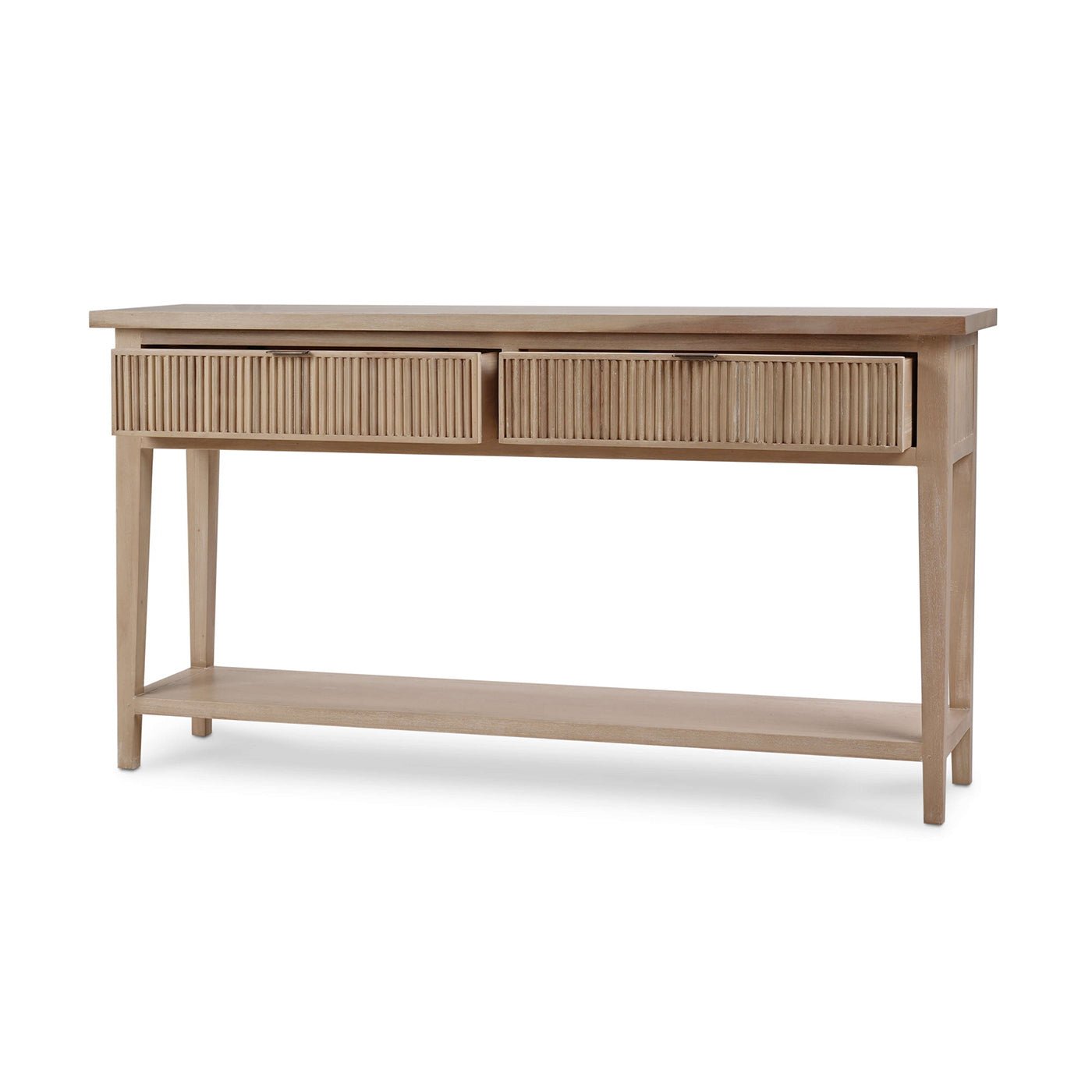 Angled view of console table highlighting drawer details.