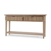 Angled view of console table highlighting drawer details.