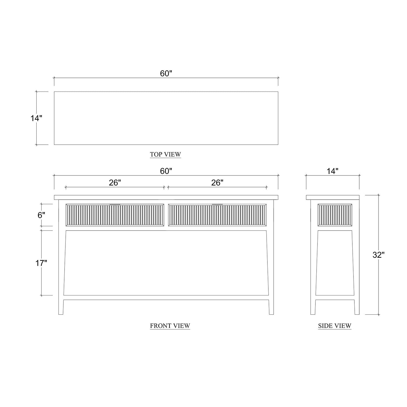 Dimensions diagram of mid-century console table in natural finish.