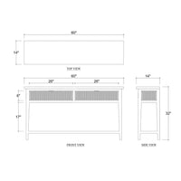 Dimensions diagram of mid-century console table in natural finish.