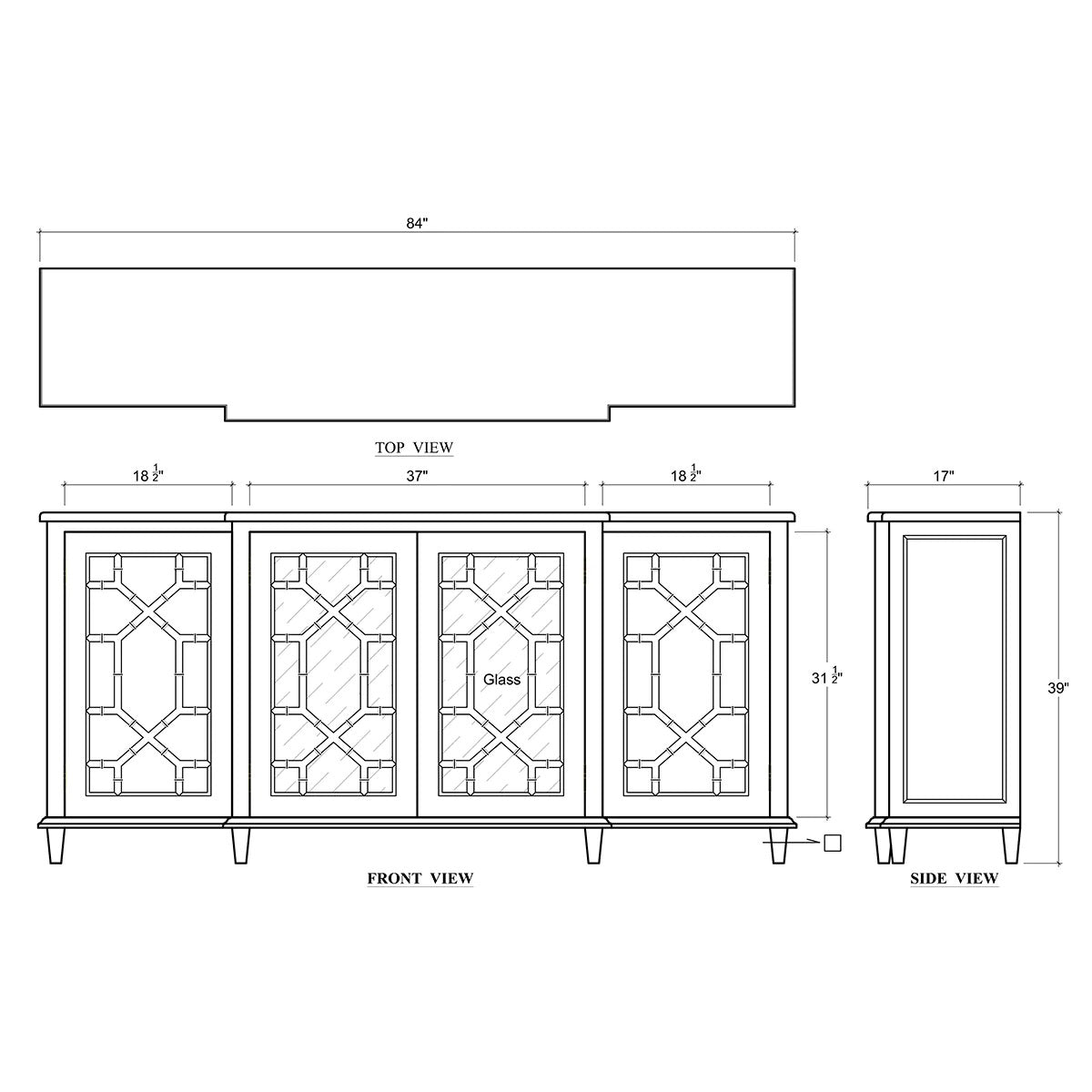 Dimension diagram of mid-century credenza, fruitwood finish.