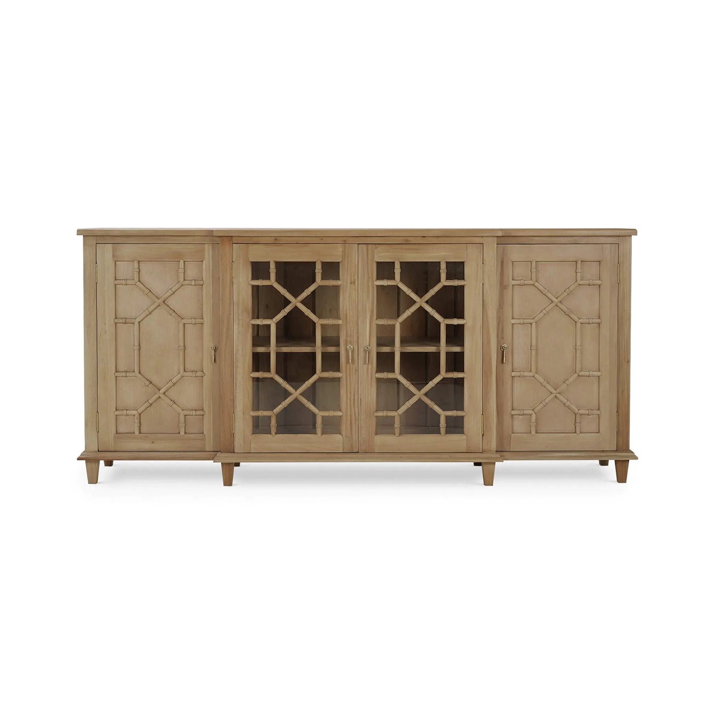 Front view mid-century credenza with distinctive door patterns.