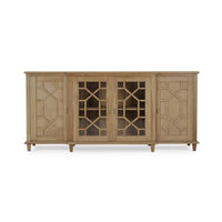 Front view mid-century credenza with distinctive door patterns.