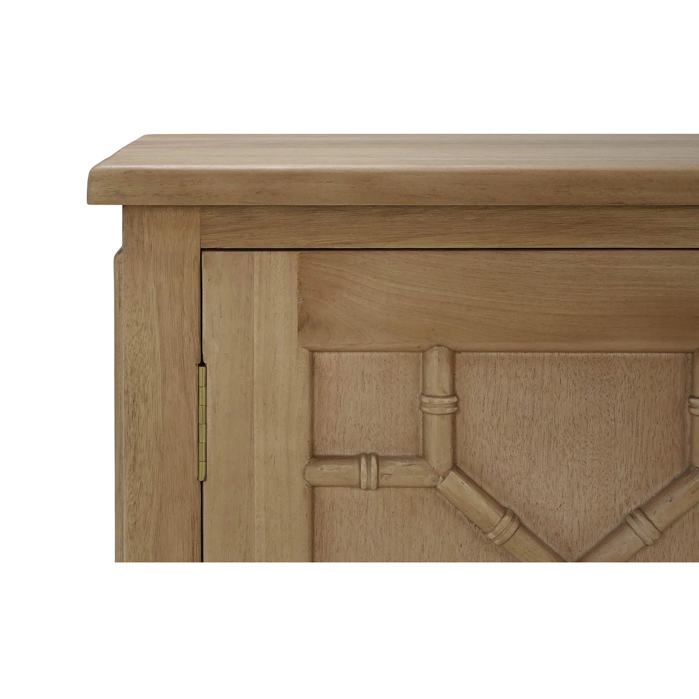 Close-up of mid-century credenza corner, fruitwood detail.