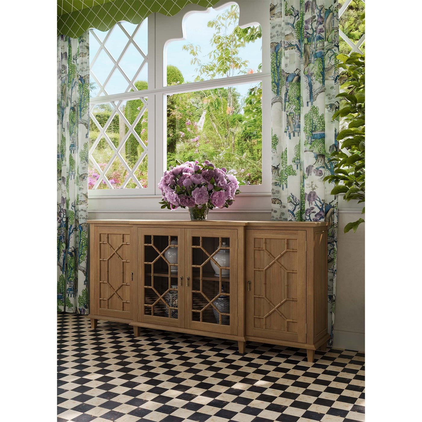 Mid-century credenza in dining room, floral decor, fruitwood.