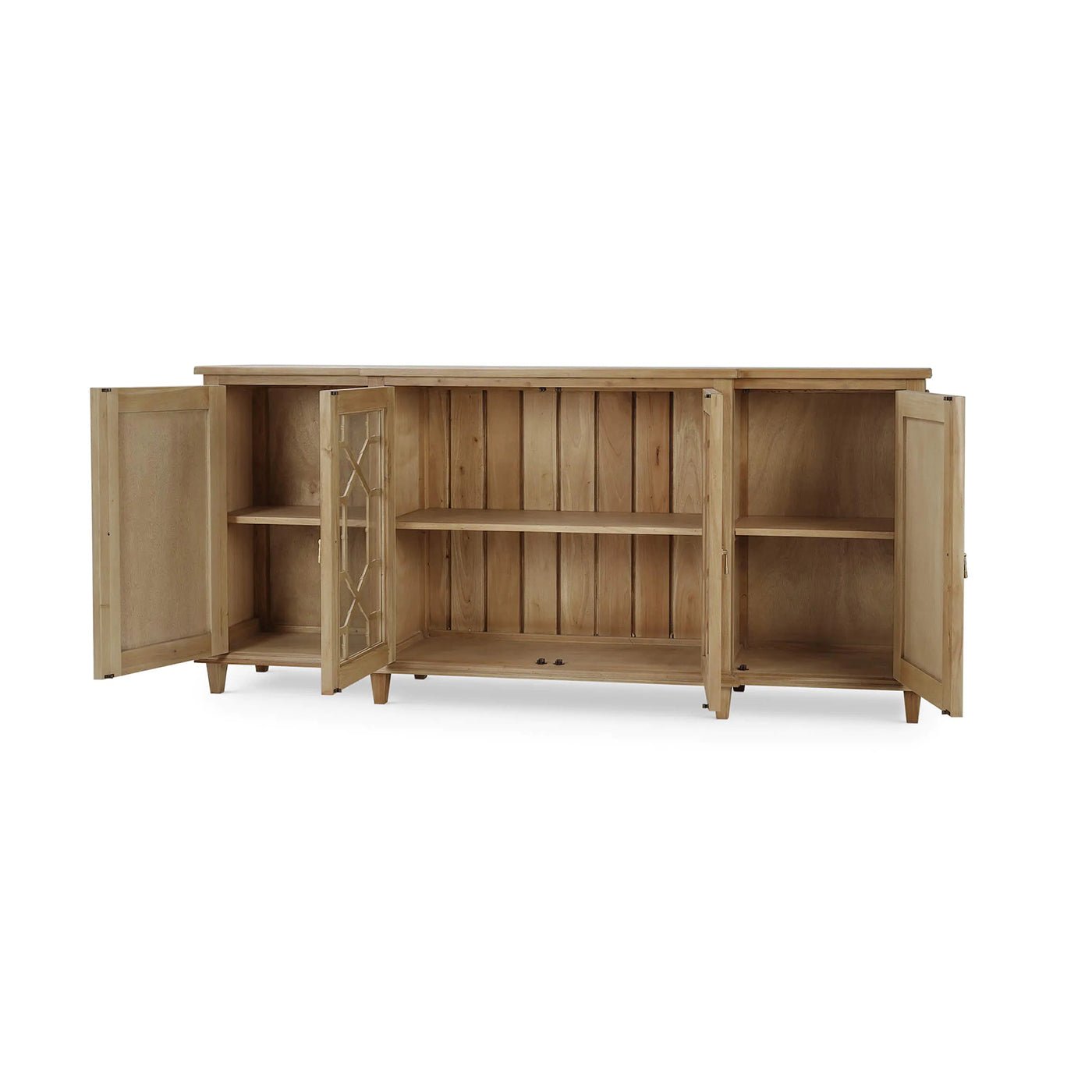 Open mid-century credenza showing shelves, fruitwood finish.
