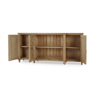 Open mid-century credenza showing shelves, fruitwood finish.